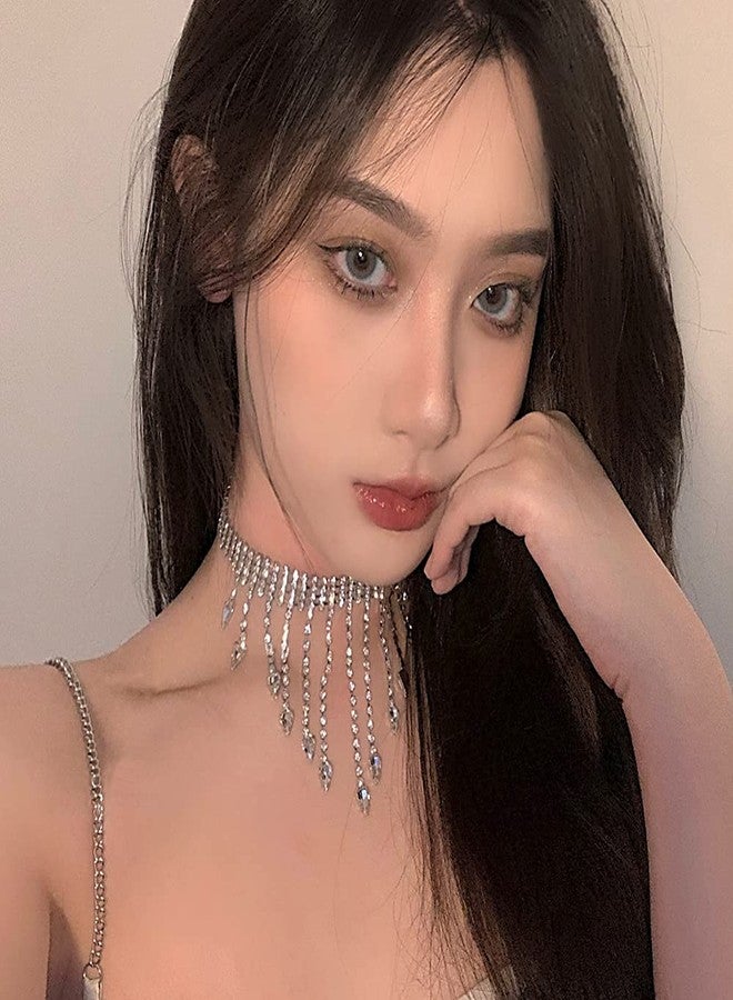 Wiwpar Sparkly Tennis Choker Necklaces Rhinestone Tassel Necklace Dainty Tennis Chain Necklace Party Accessories for Women - Image 4