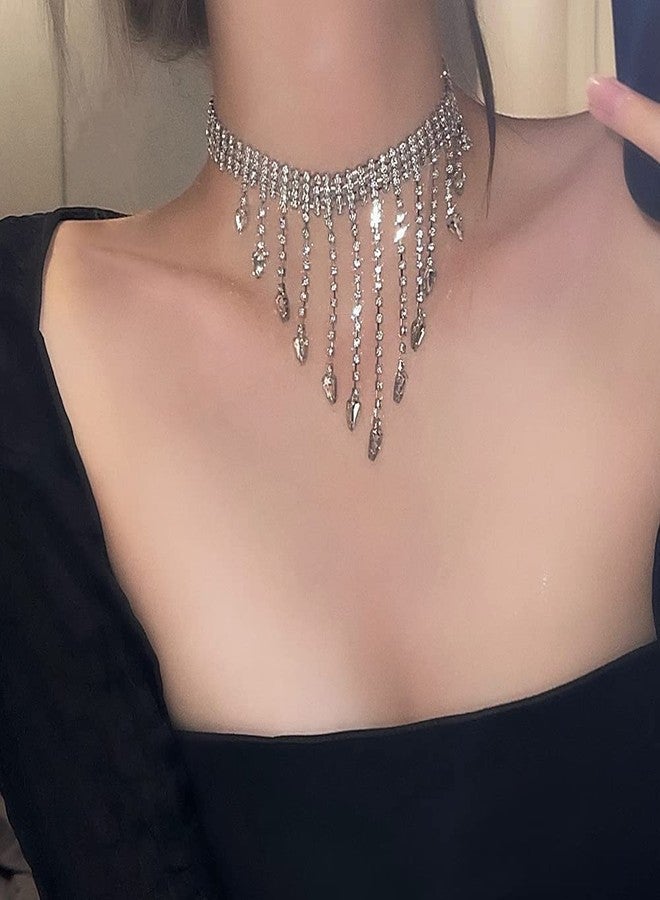 Wiwpar Sparkly Tennis Choker Necklaces Rhinestone Tassel Necklace Dainty Tennis Chain Necklace Party Accessories for Women - Image 3