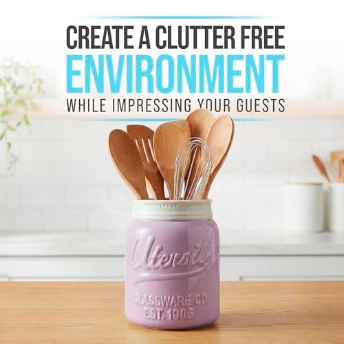 Comfify Wide Mouth Mason Jar Utensil Holder Decorative Kitchenware Organizer Crock, Dishwasher Safe - Kitchen Caddy Purple, Large Size 7" Hight - Image 2
