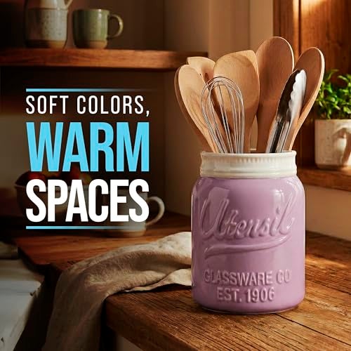 Comfify Wide Mouth Mason Jar Utensil Holder Decorative Kitchenware Organizer Crock, Dishwasher Safe - Kitchen Caddy Purple, Large Size 7" Hight - Image 5
