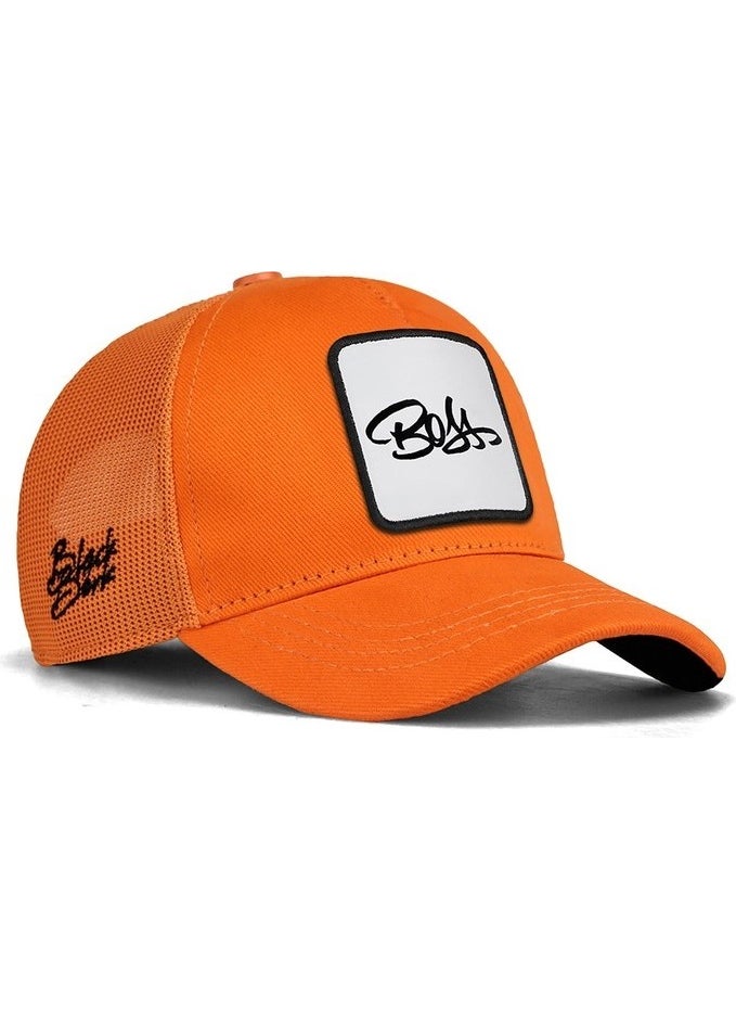 Black Börk V1 Trucker Kids Boss - 1bs Code Logo Unisex Neon Orange Kids Hat  - Image 1
