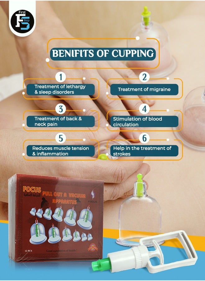 FOCUS Islamic Cupping Therapy Set – 12 Cups with Hand Pump for Pain Relief & Blood Circulation  - Image 3