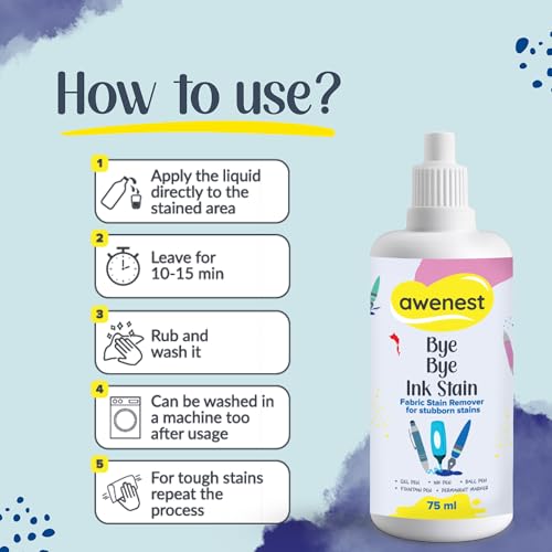 awenest Bye Bye Ink Stain | Fabric Stain Remover for Ink, Pen, Marker, and Fountain Pen Stains | Quick & Effective Stubborn Ink Removal | 75 ml Bottle - Image 2