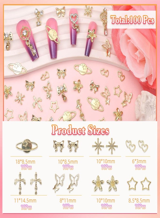 Uotey 100 Pcs Gold Dangle Nail Charms, Gold Heart Bow Stars Nails Charms and Gems, Metal Golden Planet Butterfly Cross Star Charm for Acrylic Nails Art DIY Design - Image 3