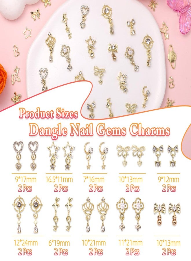 Uotey 100 Pcs Gold Dangle Nail Charms, Gold Heart Bow Stars Nails Charms and Gems, Metal Golden Planet Butterfly Cross Star Charm for Acrylic Nails Art DIY Design - Image 2