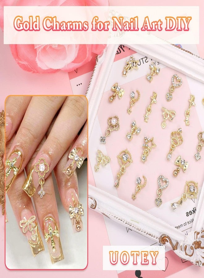 Uotey 100 Pcs Gold Dangle Nail Charms, Gold Heart Bow Stars Nails Charms and Gems, Metal Golden Planet Butterfly Cross Star Charm for Acrylic Nails Art DIY Design - Image 4