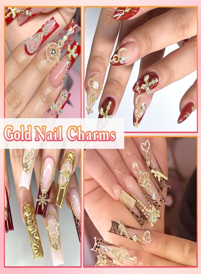 Uotey 100 Pcs Gold Dangle Nail Charms, Gold Heart Bow Stars Nails Charms and Gems, Metal Golden Planet Butterfly Cross Star Charm for Acrylic Nails Art DIY Design - Image 5