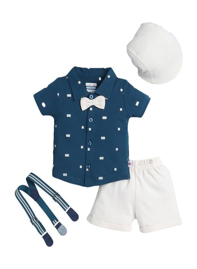 BUMZEE Boys Cotton Half Sleeves Shirt & Short Set With Bow Suspender & Cap Teal & Beige - 6-12 Months (Peb10532C-tel) - Image 1