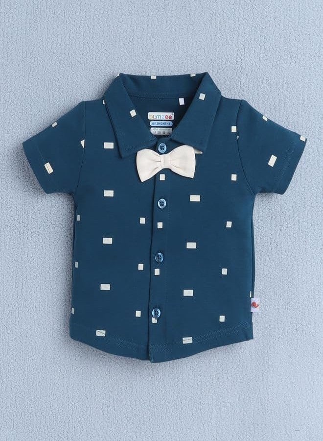 BUMZEE Boys Cotton Half Sleeves Shirt & Short Set With Bow Suspender & Cap Teal & Beige - 6-12 Months (Peb10532C-tel) - Image 2