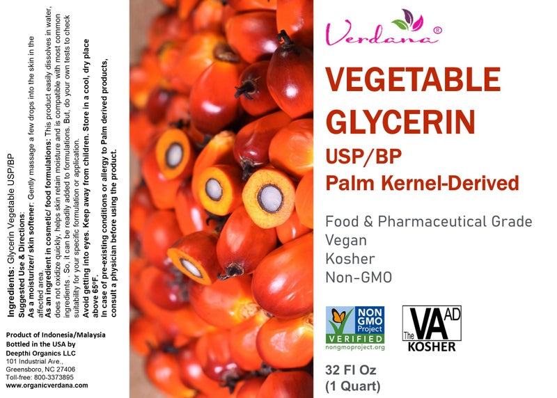 Verdana Vegetable Glycerin â€“ USP, Food, Cosmetic Grade - Palm-Derived, No Soy Involved â€“ Glycerine for Cosmetic & Personal Care and Skin, Hair & Other Formulations â€“ Non-GMO, Vegan â€“ 32 fl oz - Image 1