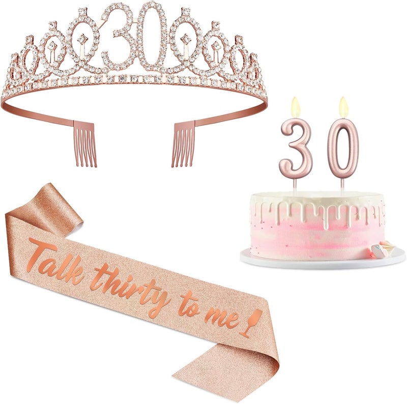 Juesly 30th Birthday Decoration for Her with Rose Gold Sash, Tiara,Numbers Candles, Sincere 30th Birthday Gifts for Women - Image 1
