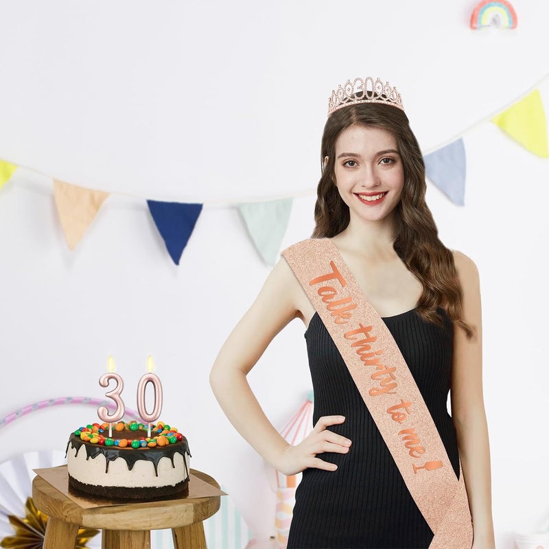 Juesly 30th Birthday Decoration for Her with Rose Gold Sash, Tiara,Numbers Candles, Sincere 30th Birthday Gifts for Women - Image 2