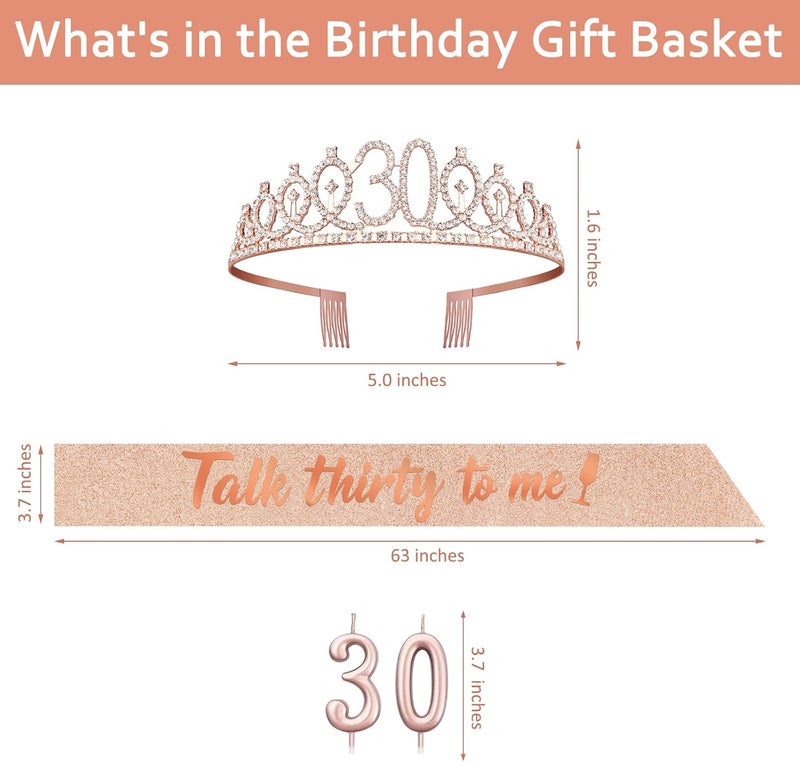 Juesly 30th Birthday Decoration for Her with Rose Gold Sash, Tiara,Numbers Candles, Sincere 30th Birthday Gifts for Women - Image 3