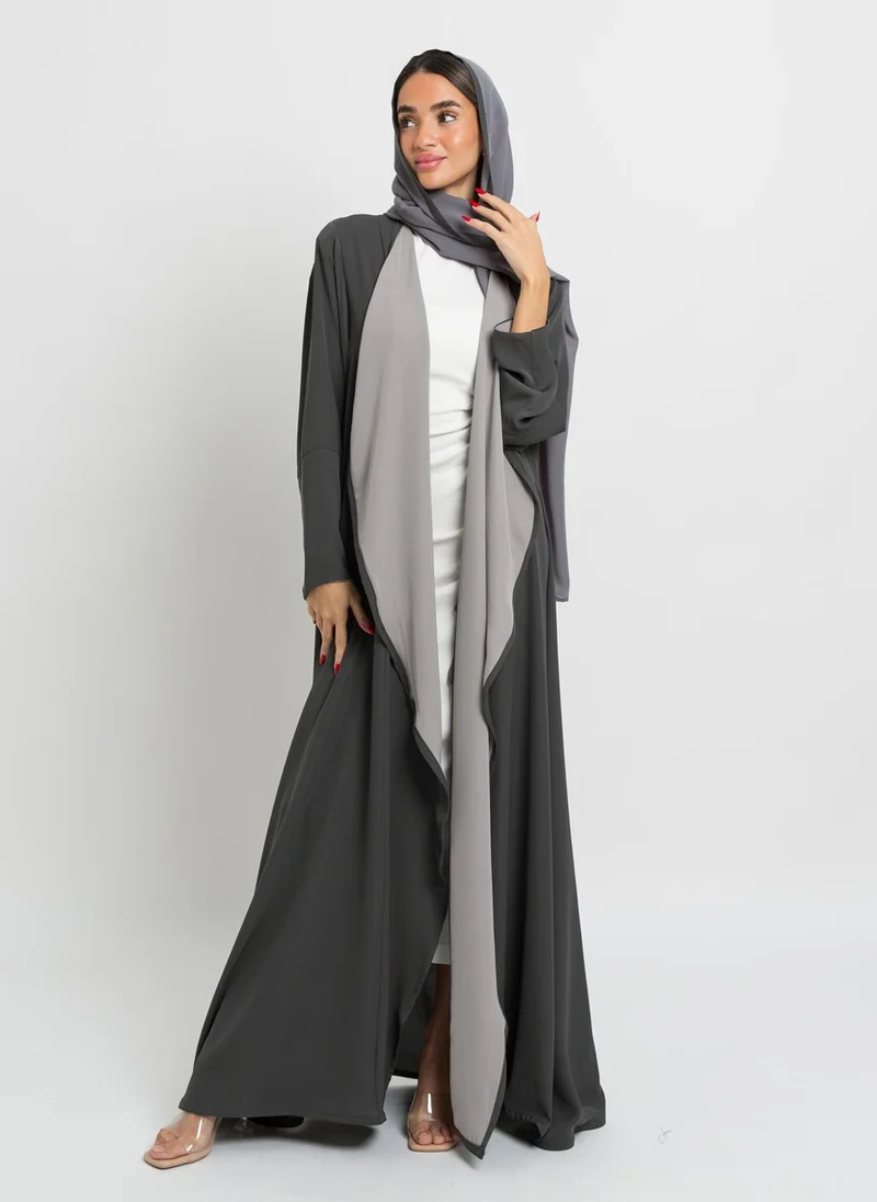 Kaafmeem Gray on Gray A Cut Curvy Front Abaya