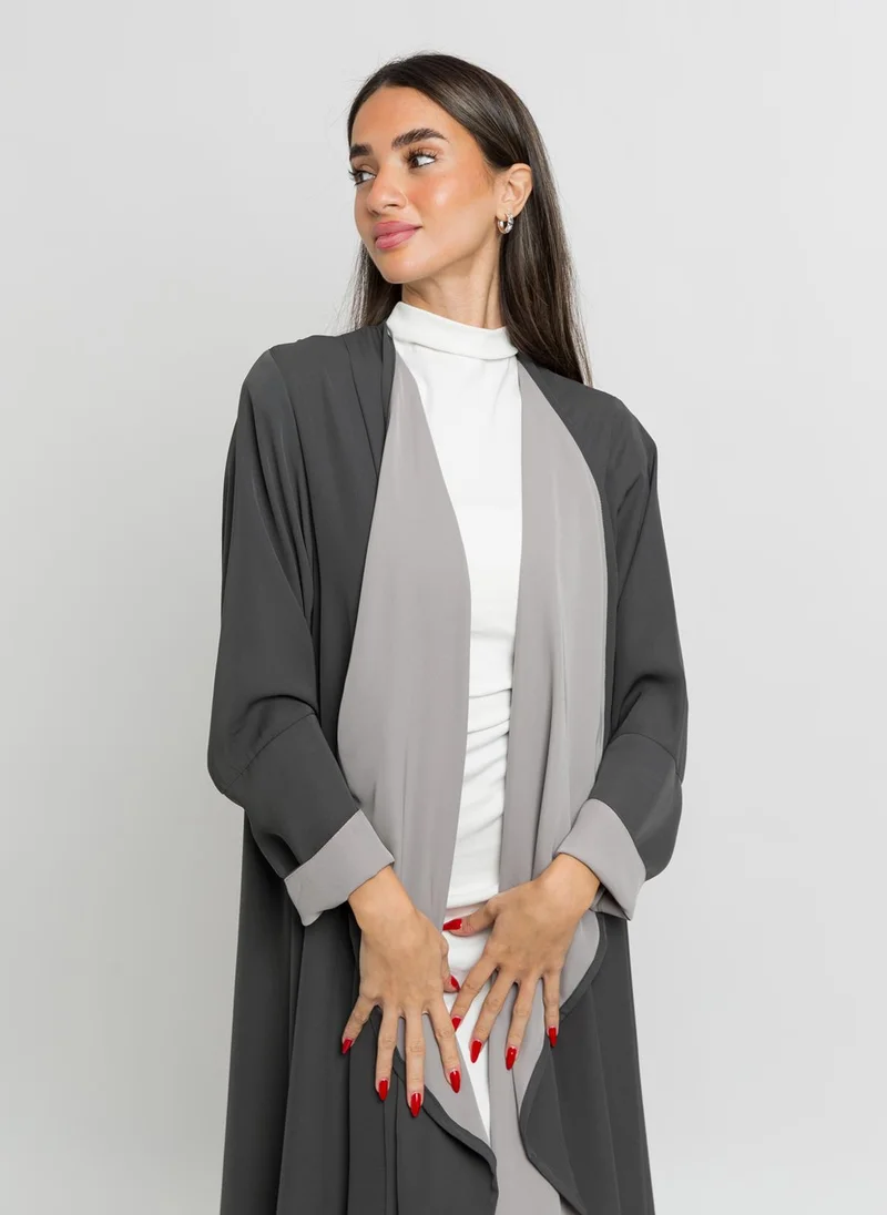 Kaafmeem Gray on Gray A Cut Curvy Front Abaya