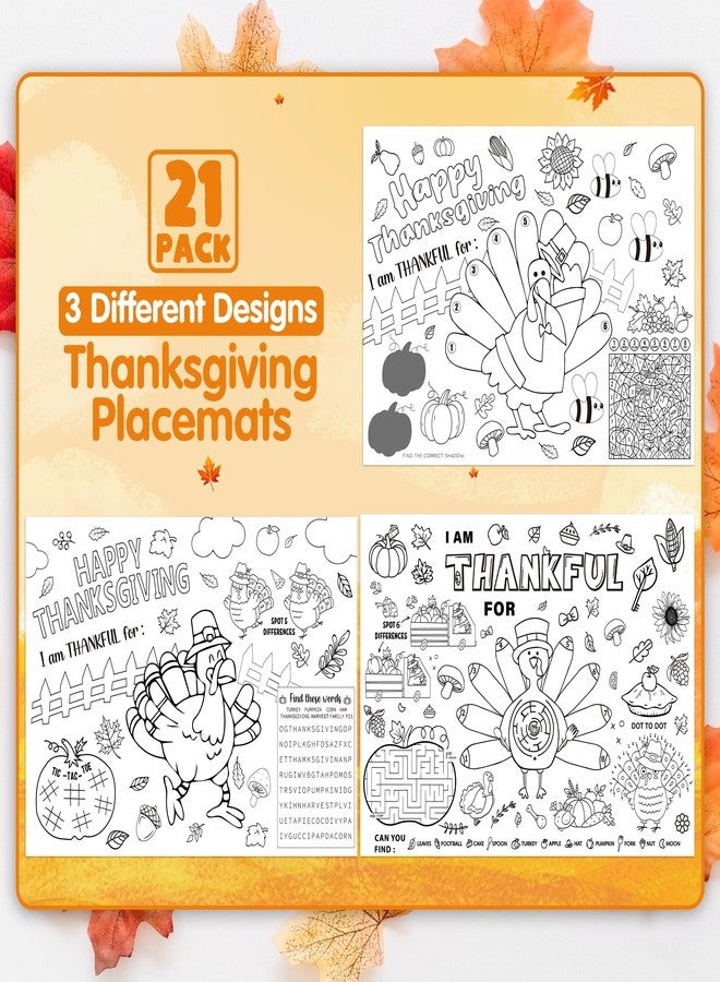 LINAYE 21PCS Thanksgiving Coloring Placemats, Thanksgiving Crafts Activities for Kids Paper Placemats Dinner Table Mats Disposable to Color for Kids - Image 3