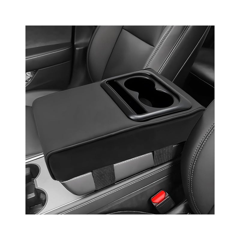 ZNDAW Car Center Console Armrest Pillow, 14"Ã—8.3" Waterproof Leather Armrest Box Cover with Cup and Phone Holder, Soft Memory Foam Arm Rest Console Pad Protector for SUV Truck (Black, Glossy) - Image 1