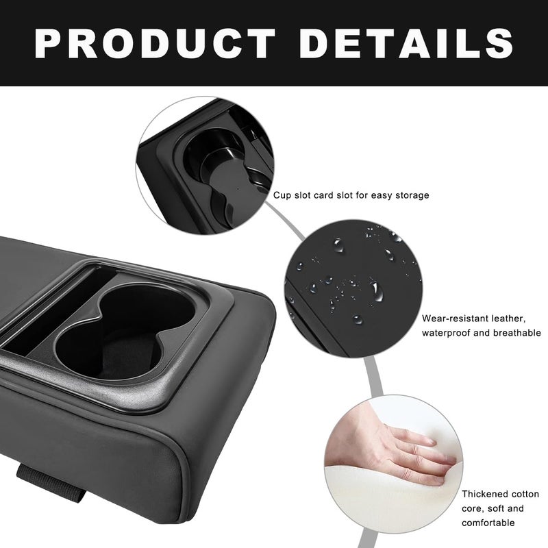 ZNDAW Car Center Console Armrest Pillow, 14"Ã—8.3" Waterproof Leather Armrest Box Cover with Cup and Phone Holder, Soft Memory Foam Arm Rest Console Pad Protector for SUV Truck (Black, Glossy) - Image 3