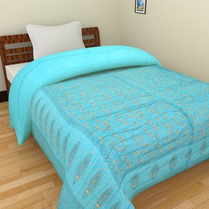 JAIPURI WORLD FAMOUS LIGHT WEIGHT PURE COTTON TRADITIONAL RAJASTHANI GOLD PRINT FIROJI COLOUR SINGLE BED QUILTRAZAIRAJAI