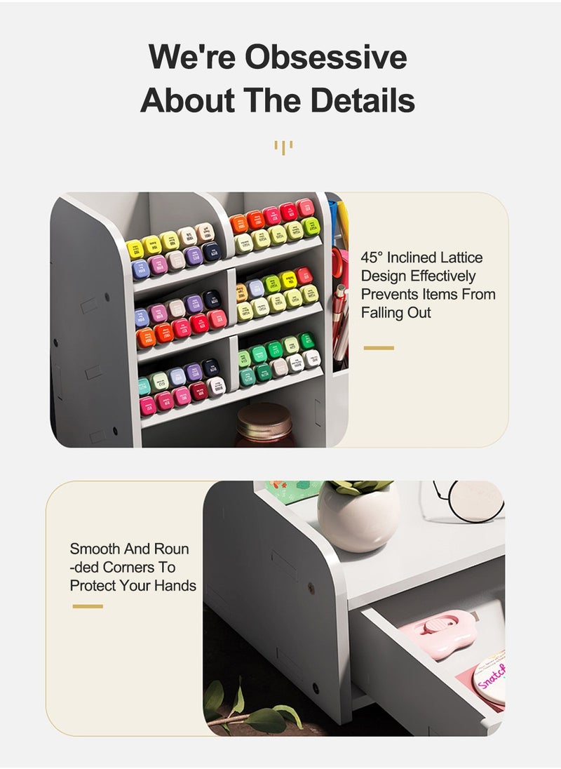 Kidle - Pen Holder Desktop Stationary Organizer with Drawer DIY White Pencil Holder Desk Tidy  Art Supply Organizer for Home Office and School - Image 1