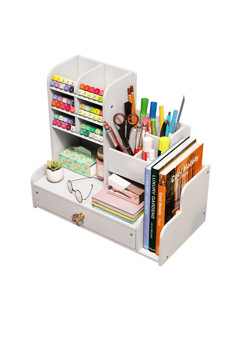 Kidle - Pen Holder Desktop Stationary Organizer with Drawer DIY White Pencil Holder Desk Tidy  Art Supply Organizer for Home Office and School - Image 1