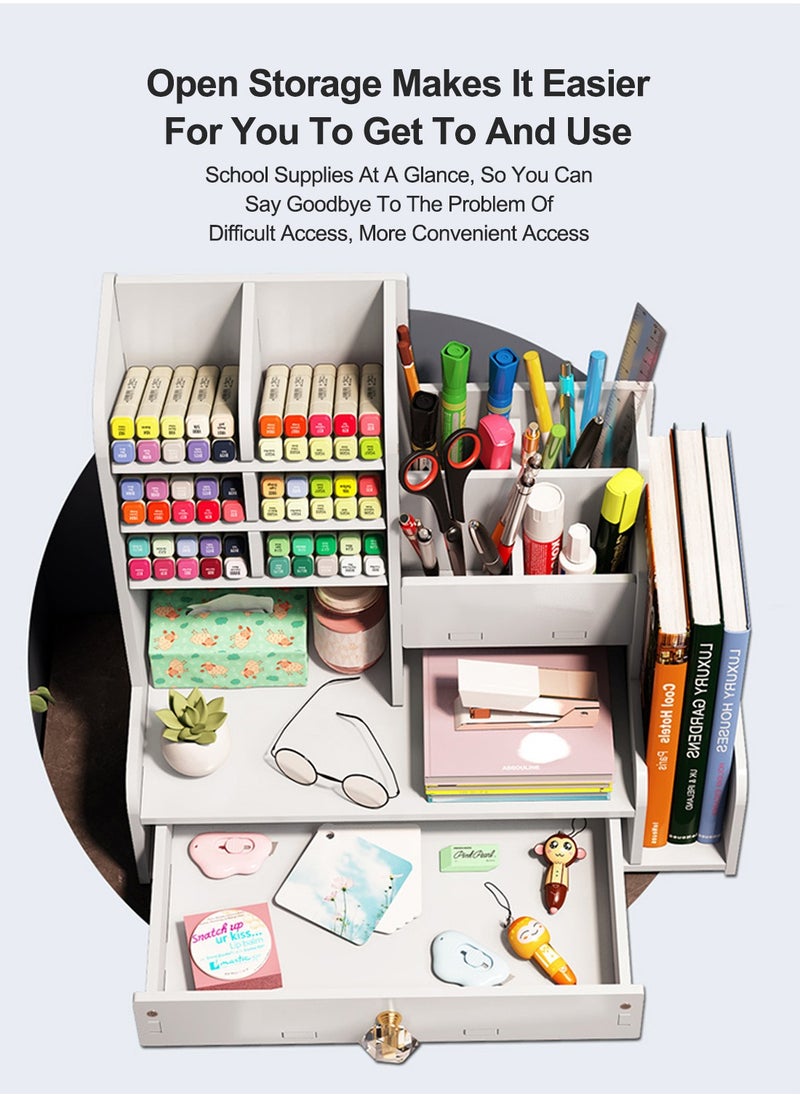 Kidle - Pen Holder Desktop Stationary Organizer with Drawer DIY White Pencil Holder Desk Tidy  Art Supply Organizer for Home Office and School - Image 1