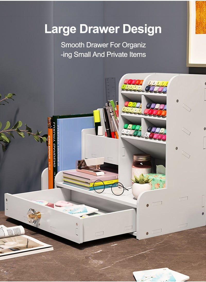 Kidle - Pen Holder Desktop Stationary Organizer with Drawer DIY White Pencil Holder Desk Tidy  Art Supply Organizer for Home Office and School - Image 1