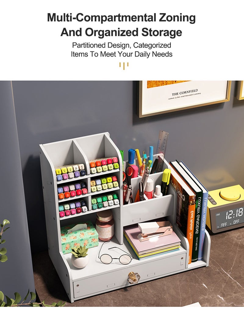 Kidle - Pen Holder Desktop Stationary Organizer with Drawer DIY White Pencil Holder Desk Tidy  Art Supply Organizer for Home Office and School - Image 1