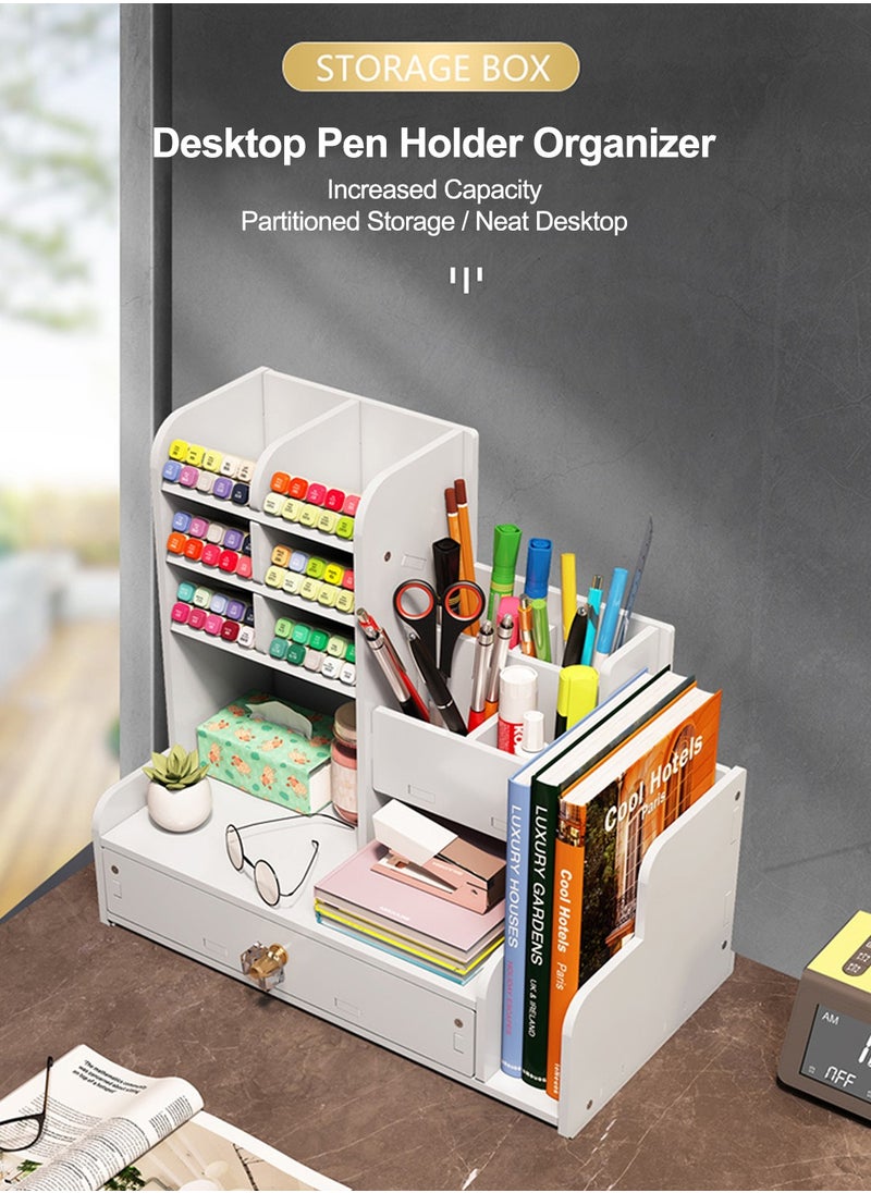 Kidle - Pen Holder Desktop Stationary Organizer with Drawer DIY White Pencil Holder Desk Tidy  Art Supply Organizer for Home Office and School - Image 1