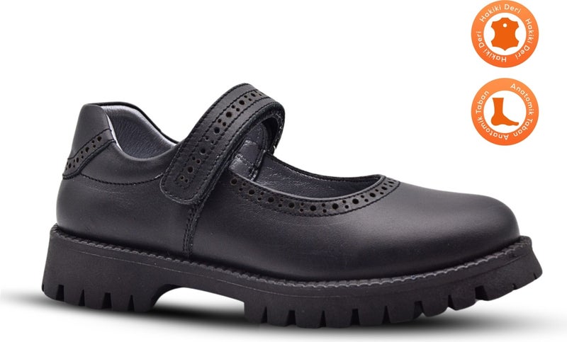 Kids A More Glee Velcro Leather Girls School Shoes Black Skin  - Image 1