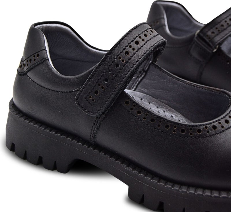 Kids A More Glee Velcro Leather Girls School Shoes Black Skin  - Image 5