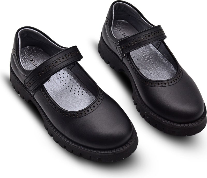 Kids A More Glee Velcro Leather Girls School Shoes Black Skin  - Image 4