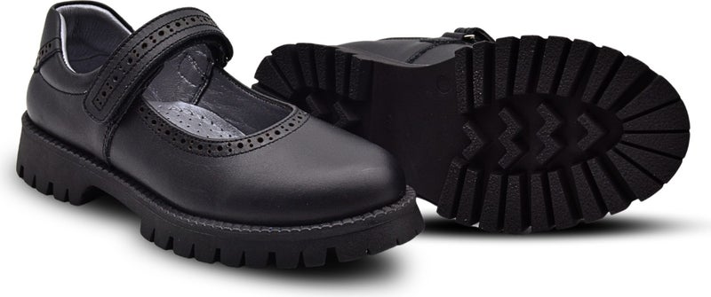 Kids A More Glee Velcro Leather Girls School Shoes Black Skin  - Image 3