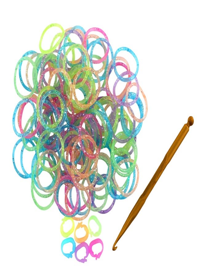 Rin Colorful Silicone LOOM BANDS - 100 GLITTER Bands - 6 "C" Clips - Image 2