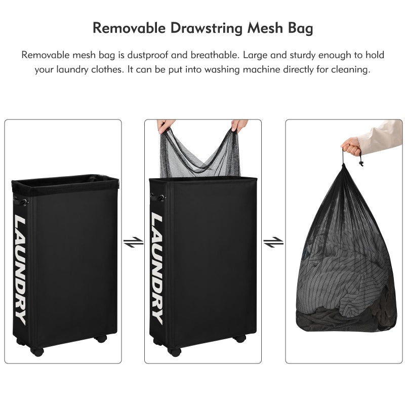 DOKEHOM 29-Inches Enlarged Slim Laundry Basket with Removable Wash Bag on Wheels, Collapsible Rolling Laundry Hamper, Foldable Narrow Corner Clothes Storage Bins (Black) - Image 5