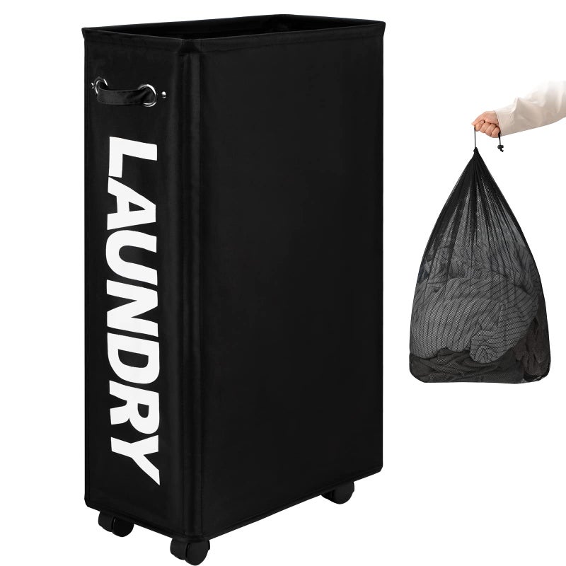 DOKEHOM 29-Inches Enlarged Slim Laundry Basket with Removable Wash Bag on Wheels, Collapsible Rolling Laundry Hamper, Foldable Narrow Corner Clothes Storage Bins (Black) - Image 1