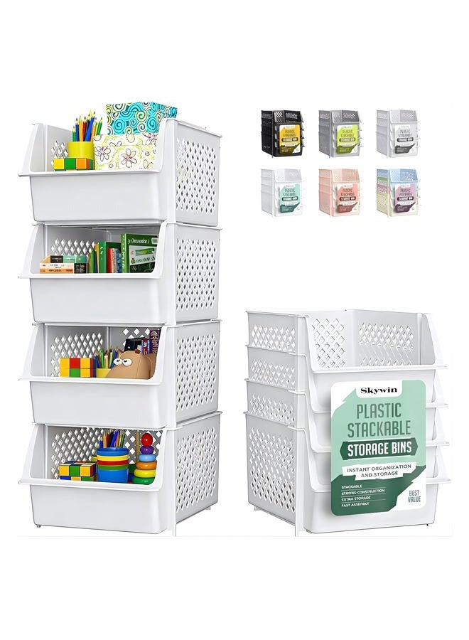 Skywin TidyFriend Stackable Storage Bins for Pantry - 4-Pack Stackable Bins For Organizing Food, Kitchen, and Bathroom Essentials (White) - Image 1