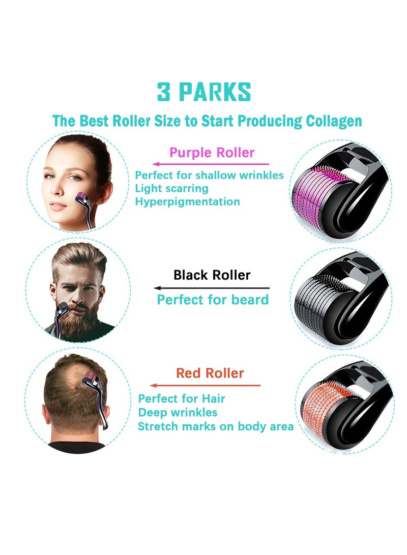 Excefore Derma Roller for Face Body Beard Hair Growth, 3 Pcs Beard Roller for Face Body Hair Skin, Facial Skin Care Tools for Men Women Home Use (#0.5mm, Black+Purple+Red) - Image 2