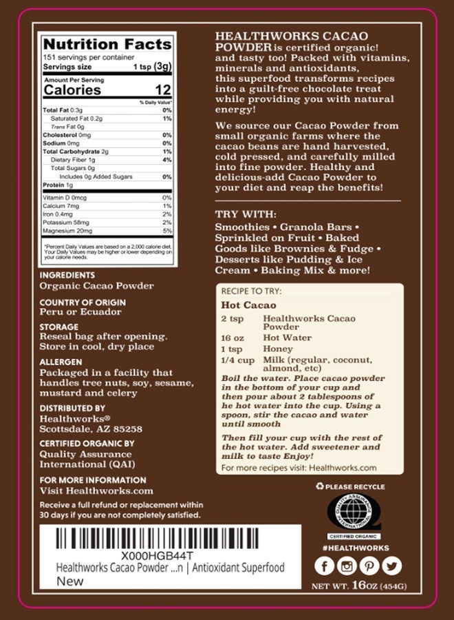 Healthworks Cacao Powder (16 Ounces / 1 Pound) | Cocoa Chocolate Substitute | Certified Organic | Sugar-Free, Keto, Vegan & Non-GMO | Peruvian Bean/Nut Origin | Antioxidant Superfood - Image 2