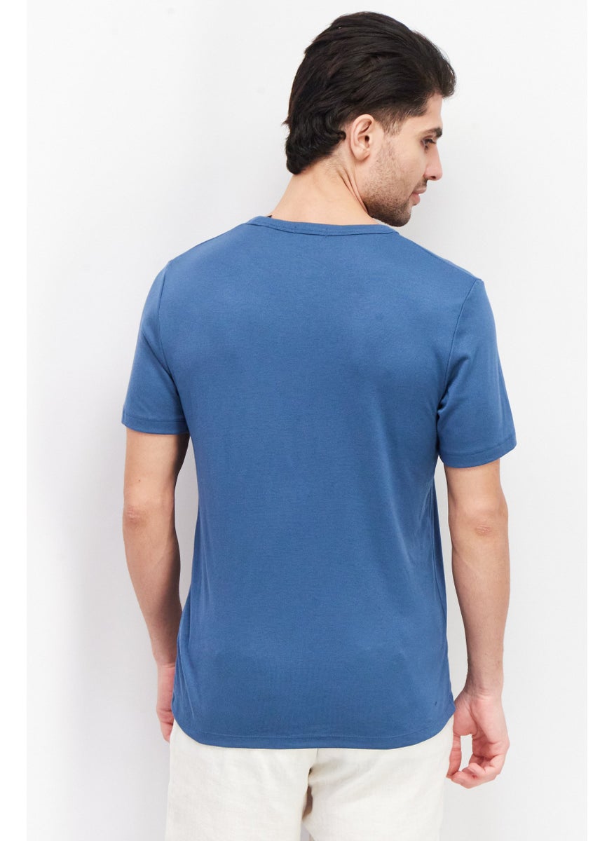 Theory Men Round Neck Shorts Sleeve Plain T-Shirts, Teal Blue  - Image 3