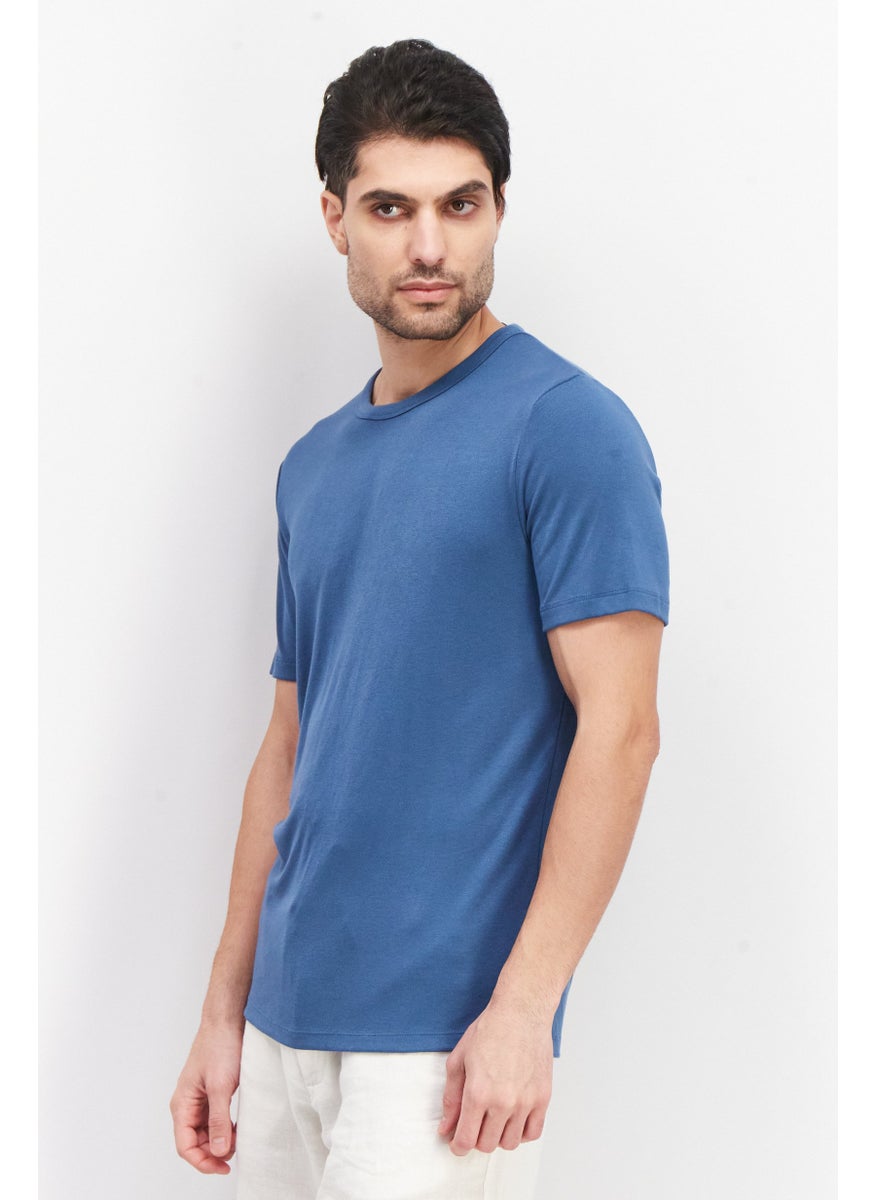Theory Men Round Neck Shorts Sleeve Plain T-Shirts, Teal Blue  - Image 2