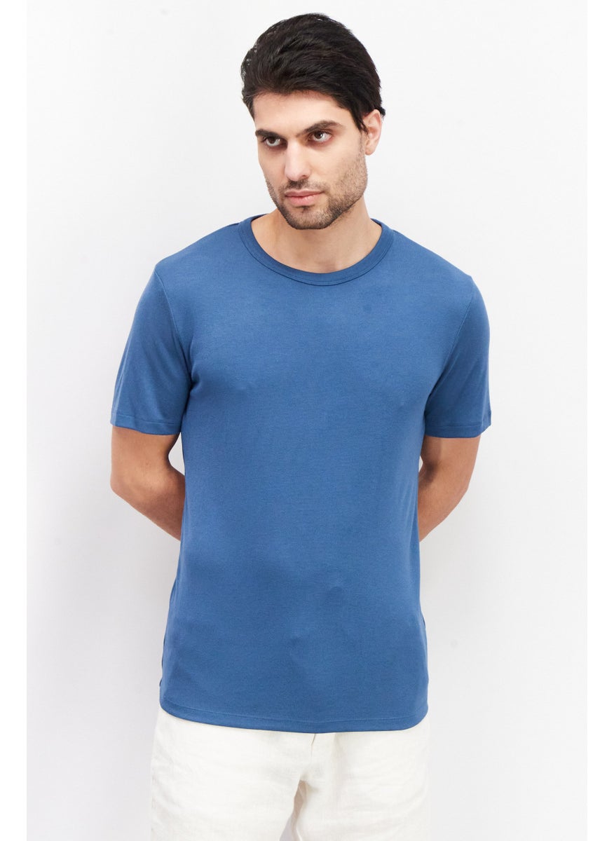 Theory Men Round Neck Shorts Sleeve Plain T-Shirts, Teal Blue  - Image 1