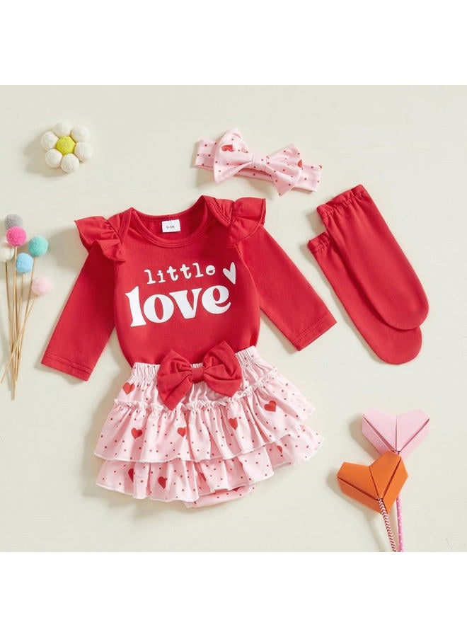 BeQeuewll Baby Girl 1st Birthday Outfit Short Sleeve One Romper+Bloomers Tutu Skirt+ Headband+Socks 4Pcs Baby Birthday Dress, Little Love, 9-12 months - Image 2
