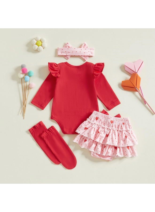 BeQeuewll Baby Girl 1st Birthday Outfit Short Sleeve One Romper+Bloomers Tutu Skirt+ Headband+Socks 4Pcs Baby Birthday Dress, Little Love, 9-12 months - Image 3