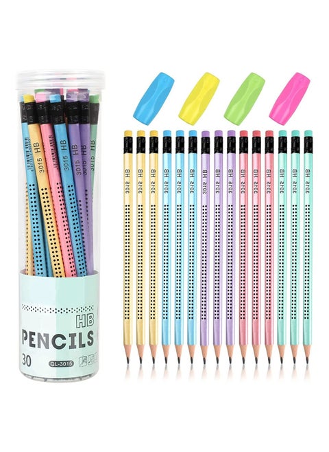HB Pencils, 30Pcs with Rubbers, Pre-sharpened Pencil with 4Pcs Pencil Grip Corrector, Non-Slip Multi-Color with Eraser Student Writing Drawing Tool for Exams, School, Office, Drawing Sketching