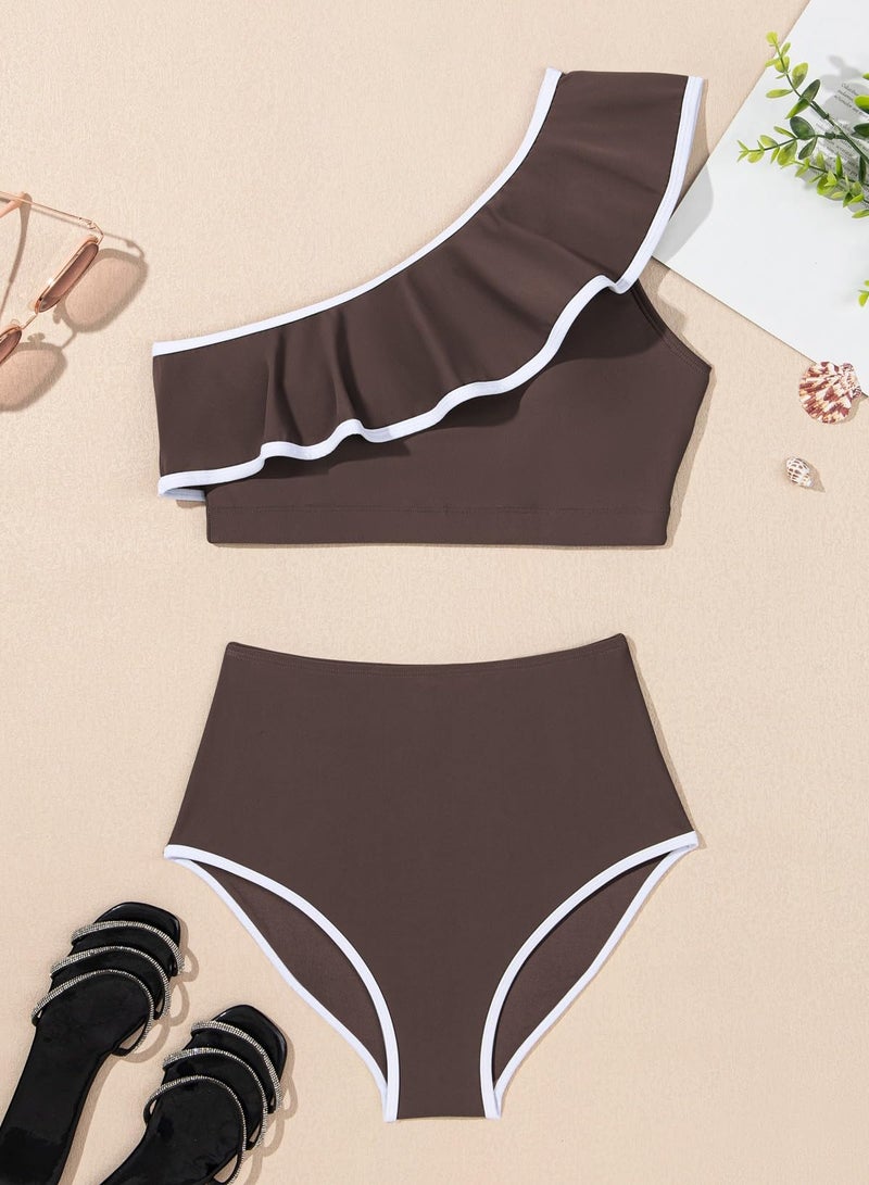 Herseas Women's One Shoulder Bikini Color Block Trim Ruffled Swimsuits Elegant Bathing Suits Brown 2 Pieces Wireless Swimwear X-Small - Image 5