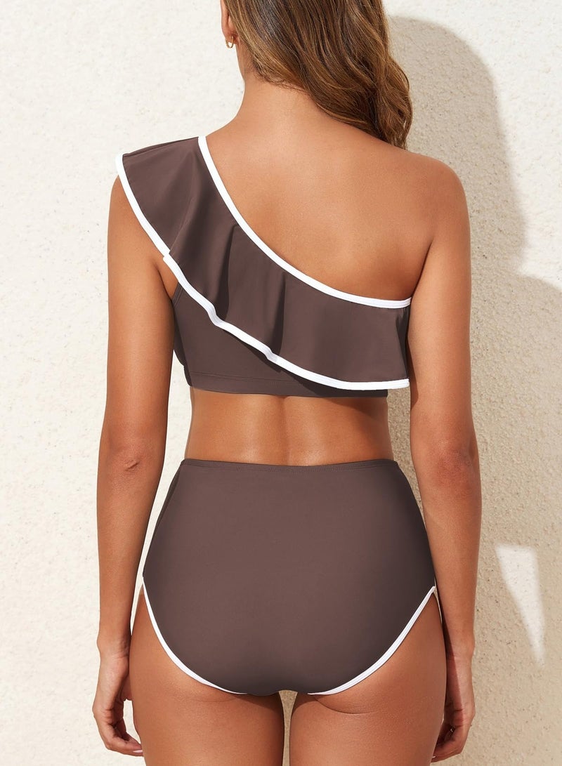 Herseas Women's One Shoulder Bikini Color Block Trim Ruffled Swimsuits Elegant Bathing Suits Brown 2 Pieces Wireless Swimwear X-Small - Image 3