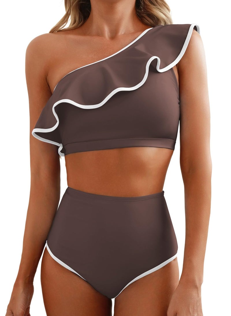 Herseas Women's One Shoulder Bikini Color Block Trim Ruffled Swimsuits Elegant Bathing Suits Brown 2 Pieces Wireless Swimwear X-Small - Image 1