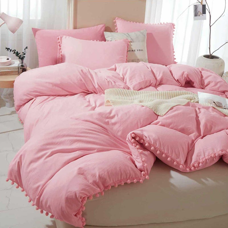 ETDIFFE Pom Pom Duvet Cover Queen Size 3 Piece Boho Bohemian Farmhouse Microfiber Comforter Cover Set Soft and Lightweight Quilt Cover Solid Pink Pompom