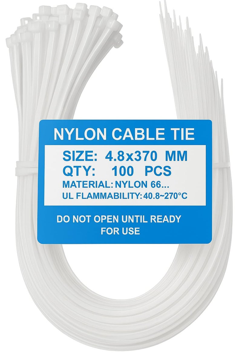Imported Nylon White Plastic 100 Pack Large 4.8x370mm with Gift 100pcs Black 2.5x150mm Cable Ties Wire Ties Organizer (White Black) - Image 1